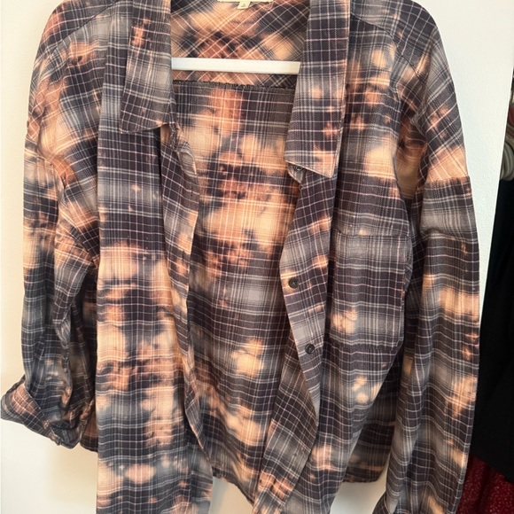 Gilded Intent Tops - Gilded Intent Plaid Acid Wash Shirt in Tan and Black